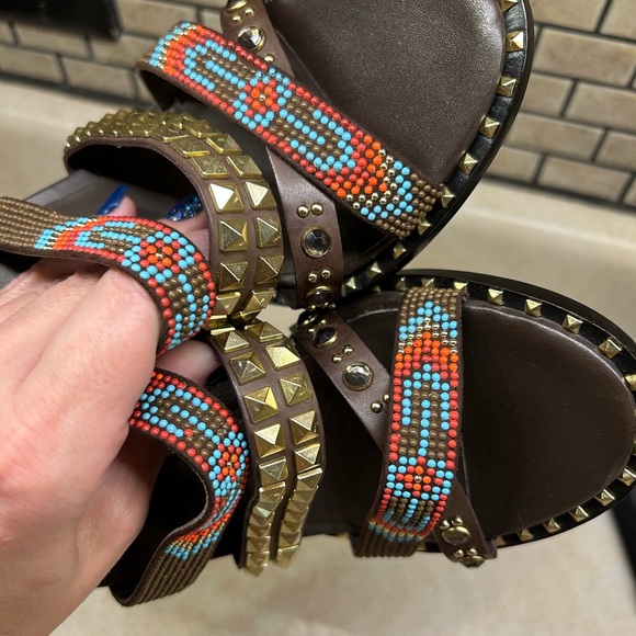 ASH Gold Studded/beaded Brown Leather Block Heels Strappy Sandals Sz 6.5 New - Picture 14 of 15